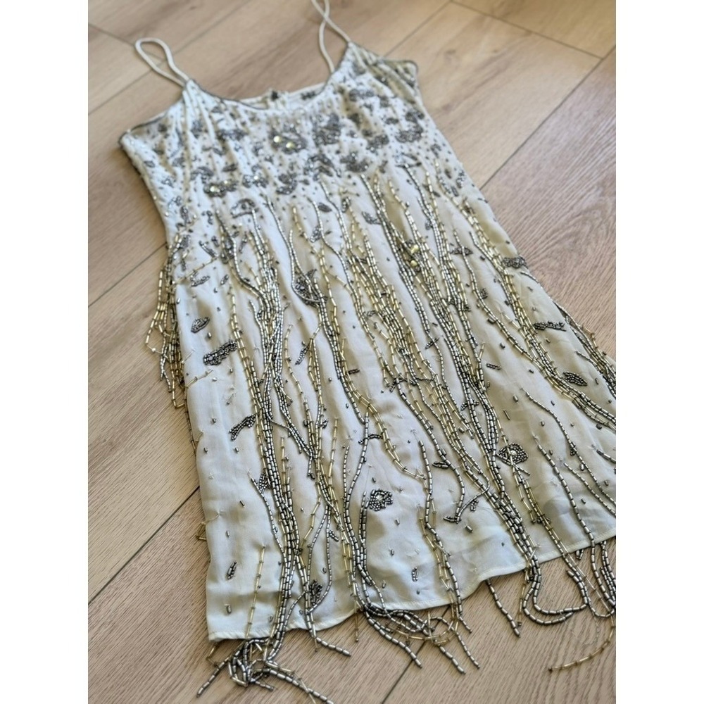 Haute Hippie Beaded Fringe Mini Dress Cream Silver Gold Flapper‎ Style Size 0 - Picture 5 of 12